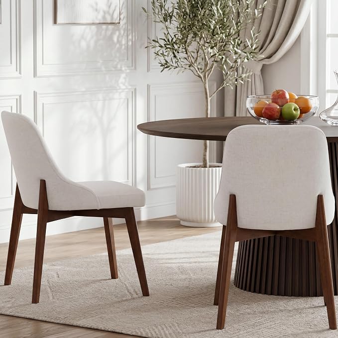Casaphoria Dining Chairs Set of 2, Mid Century Modern Upholstered Kitchen Chairs with Solid Wood Legs, Ergonomic Accent Side Chair for Living Room, Desk, Bedroom and Vanity, Beige and Walnut
