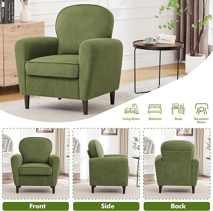Accent Chair, Mid Century Modern Arm Chair with Thick Cushion and Back, Comfy Upholstered Reading Chair Single Sofa Chair for Living Room, Bedroom, Club, Green