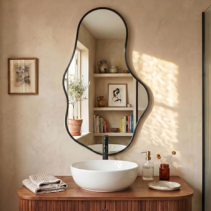 Irregular Wall Mirror, 26"x43" Black Abstract Asymmetrical Mirrors for Wall, Decorative Cloud Aesthetic Mirror for Bathroom, Bedroom, Cloakroom, Entryway, Shatter-Proof Aluminum Alloy Frame
