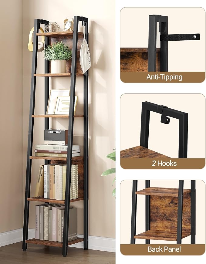 Hzuaneri Ladder Shelf, 6-Tier Narrow Bookshelf with 2 Back Panels, Industrial Ladder Shelf with 2 Hooks, for Home Office, Living Room and Bedroom, 12.2" D x 12.2" W x 63" H, Rustic Brown BC31601B