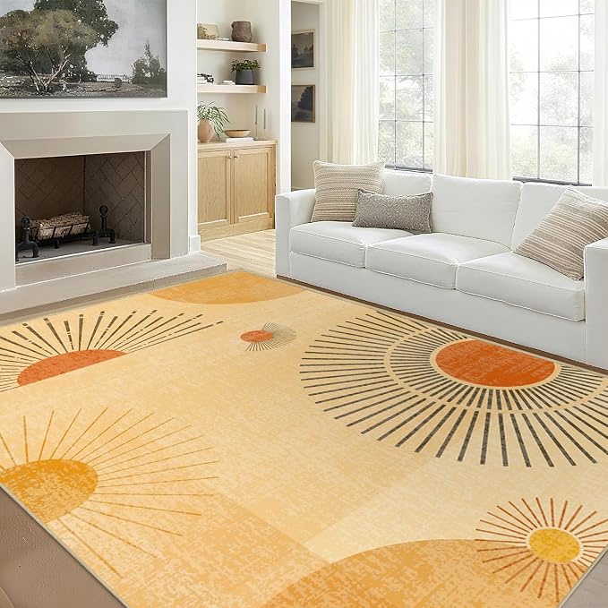 8x10 Large Area Rug for Living Room Sun Rug Mid Century Modern Rugs Machine Washable Boho Geometric Rug Non Slip Printed Low Pile Indoor Floor Carpet for Dining Room Bedroom Office,Yellow