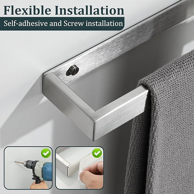 Sayayo Brushed Nickel Towel Bar for Bathroom Wall, 10 Inch Hand Towel Holder, Screw or Self Adhesive Towel Ring Square SUS304 Stainless Steel, 3.2 Inch Wider Design