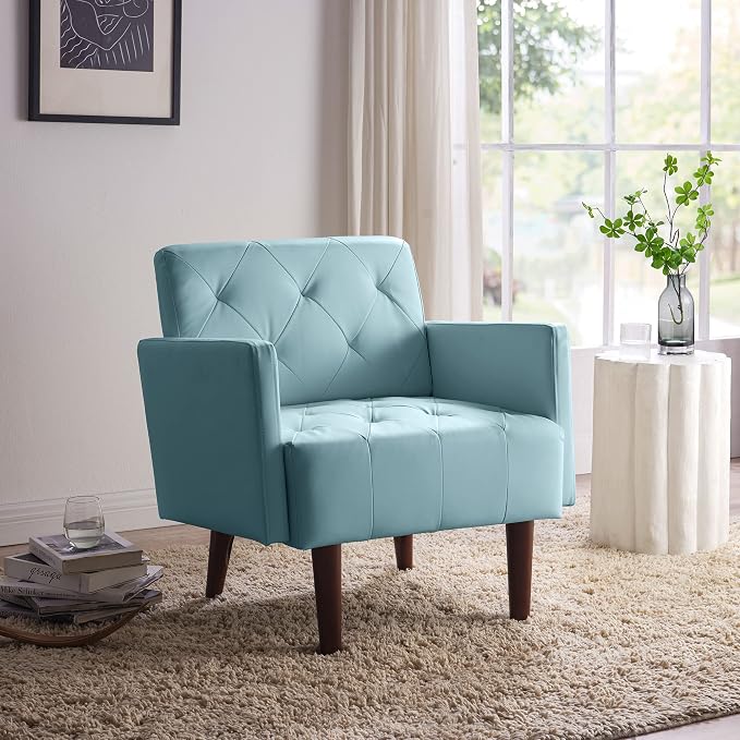 Faux Leather Accent Chair, Modern Retro Arm Chair for Living Room and Bedroom Tufted Upholstered Sofa Club Chair Comfy Armchair for Small Spaces Bedroom Office (Blue)