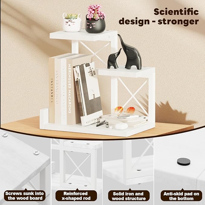 Abiglifty Desk Shelf Organizer, Wooden Desktop Organizers, 3 Tier Desk Hutch Small Bookshelf, Nightstand Organizer, Riser Display Stand for Office, Dorm, Home (White)