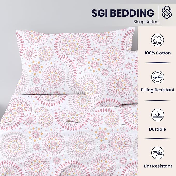 SGI Split King Sheet Set for Adjustable Bed Egyptian Premium Cotton 600 Thread Count Sheets for Sleep Number Bed 15" Deep Pocket 5 Pc Set with 2 Twin XL Fitted Sheets Soft Breathable - Boho Mandala