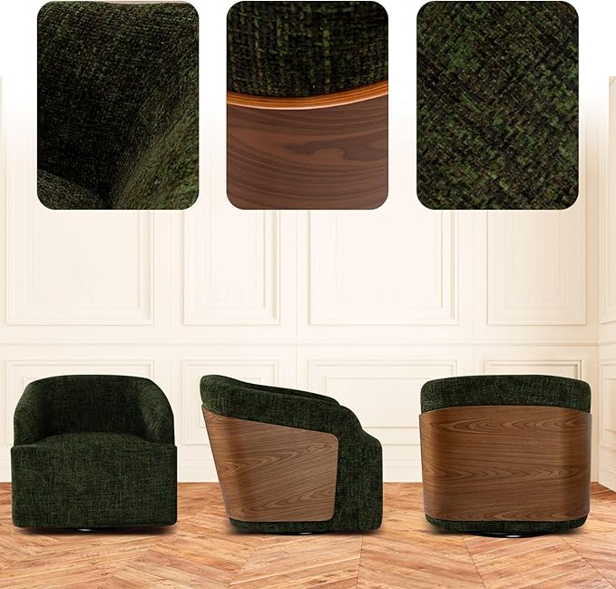 Swivel Accent Chair Linen Swivel Barrel Chair Comfortable Mid Century Modern Chair Upholstered Metal Base Armchair for Living Room Bedroom Office Large Vintage Green