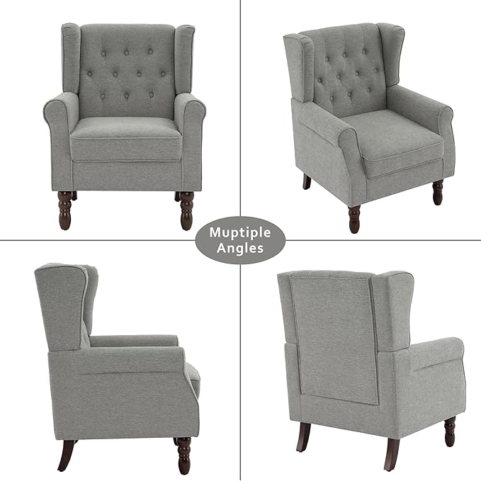 Accent Chair, High Back Upholstered Chair with Button Tufted, Mid-Century Modern Comfy Wingback Chair Reading Armchair in Fabric for Living Room for Bedroom, Office-Light Gray