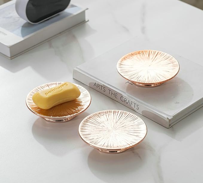 ADAVAS.Y&G Ceramic Rose Gold Candle Plate Set, 3-Piece – Decorative Candle Holder Tray for Pillar Candles, Jewelry, Trinkets or Bathroom Counter – Elegant Rose Gold Finish for Tabletop & Home Décor
