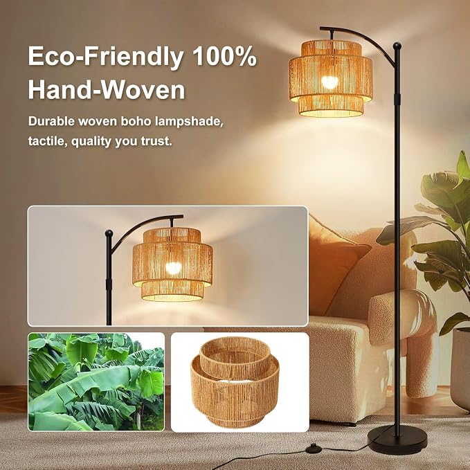 Vinaco Adjustable Height Floor Lamp Rattan 3 Color Temperature,Dimmable Tall Boho Floor Lamps with Remote & Foot Switch, Rotating Lamp Shade Wicker Arc Standing Lamp for Living Room Bedroom Lights