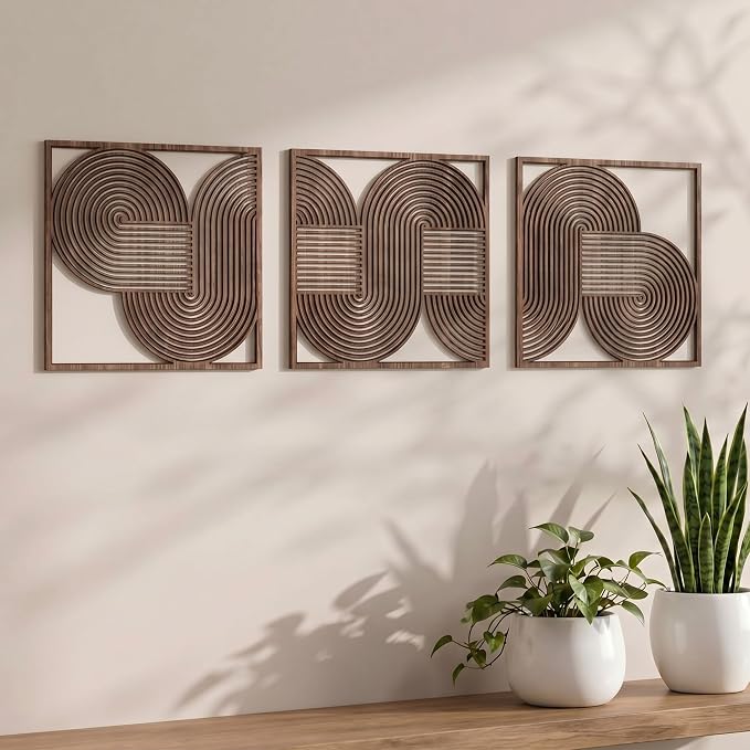 Yerliker 3 Pcs Mid Century Modern Wood Wall Art Decorations 3D Geometric Abstract Wall Sculpture for Living Room Bedroom Office Minimalist Aesthetic(Mid-century,11.81 x 11.81 x 1.97 Inch)