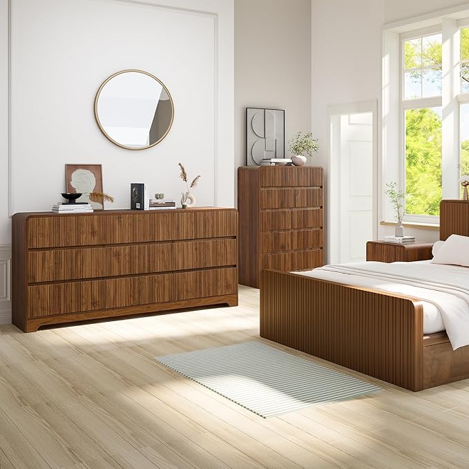 BERRYMERRY 5 Drawer Dresser for Bedroom,Flute 45" Tall Dresser with Curved Profile, Mid Century Modern Vertical Wood Drawer Organizer for Bedroom Living Room