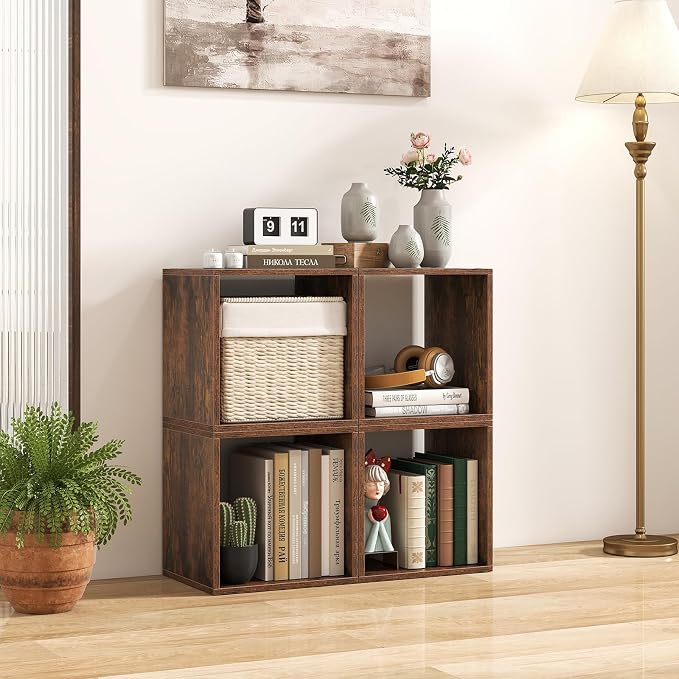 2 Stackable Cubes Bookcase, Wooden Cubby Storage Organizer with Anti-Tipping Device, Small Book Shelf for Small Space, Combination Square Bookshelf Cubes (1, Rustic Brown)
