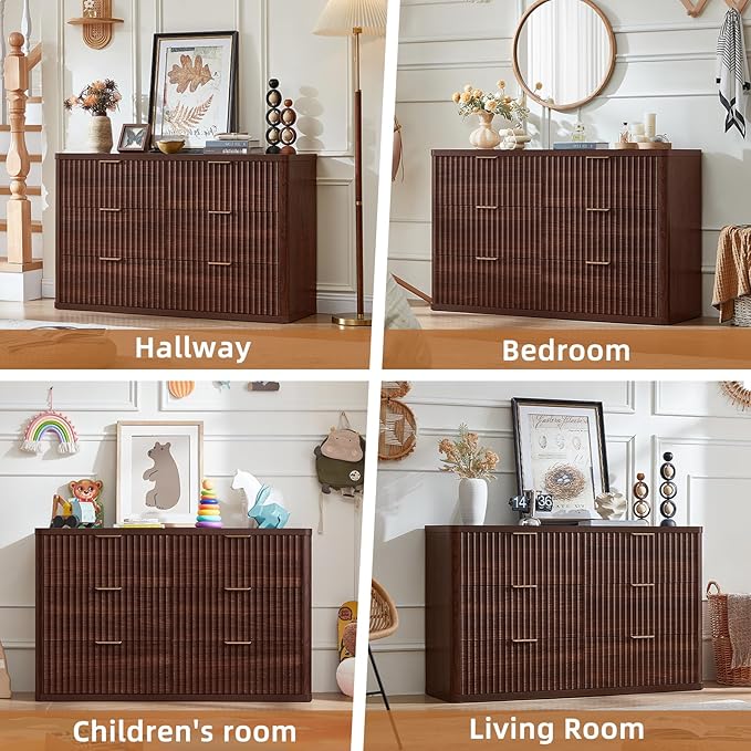 LEYAOYAO Fluted 6 Drawers Dresser for Bedroom, 48" Wide Modern Chest of Drawers with Metal Handle, Walnut Curved Profile Farmhouse Closet Organizer Wood Dressers TV Stand for Living Room, Hallway