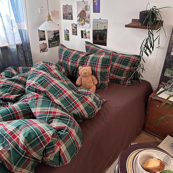 mixinni Vintage Green Buffalo Plaid Washed Cotton Duvet Cover Queen - Soft Breathable Textured Bedding Set with Zipper Closure for All Seasons-1 Duvet Cover + 2 Pillow Shams-Queen Size