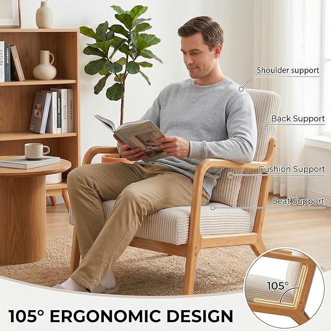 Mid Century Modern Accent Chair, Upholstered Corduroy Armchair with Lumbar Pillow, Solid Rubberwood Frame for Living Room, Bedroom, Waiting Room, Beige
