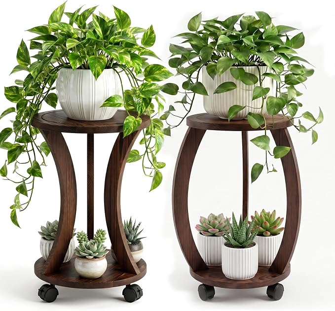 2 Pack 2 Tier Wooden Plant Stand Indoor with Wheels – Tall Plant Stand for 6-12 Inch Pots, Mid-Century Modern Rustic Plant Table Indoor, Pedestal Stand for Corner, Living Room, Balcony