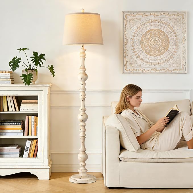 QiMH Vintage Floor Lamp for Living Room,61" Tall Rustic Standing Lamp with Linen Lampshade, Rotary Switch Farmhouse Floor lamp for Bedroom, Corner, Dining Room, Home Decor, Shabby White