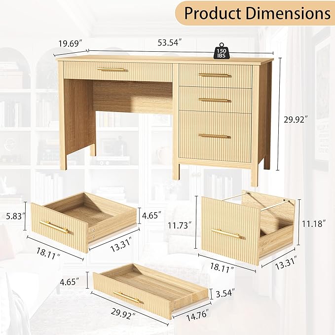 Modern Executive Desk with Drawers: 54" Oak Home Office Desks with File Drawers, Wood Fluted Computer Writing Desk for Work, Study, and Living Room (54")