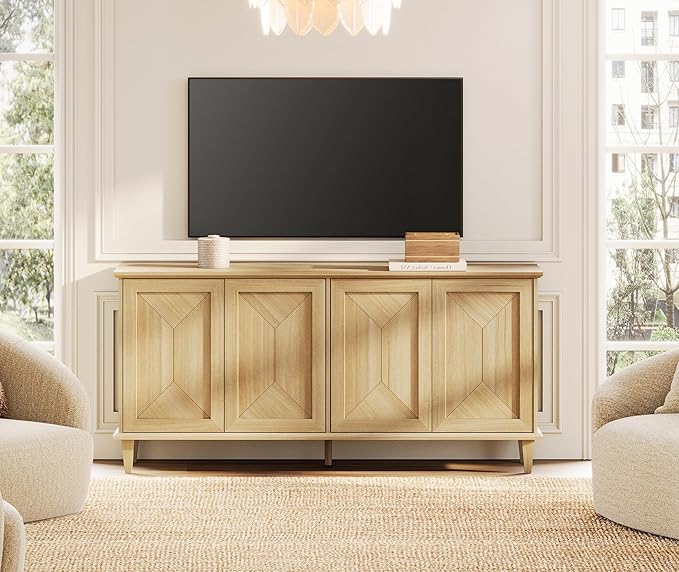 WAMPAT 65-inch Handcrafted Patchwork Decorative Buffet Cabinet with Pop-Up Design Doors,Full Unit Modern Modern Farmhouse Accent Credenza for Coffee Bar, Kitchen, and Living Room, Natural Oak