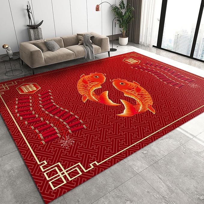 Classic Chinese New Year Art Area Rug, Abstract Firecracker Fish RedIndoor Rug, Soft Foldable Non Slip Breathable Foldable Carpets for Living Room Bedroom Entryway Hotel Office Kitchen 5x7ft