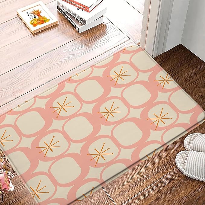 Mid Century Modern Bath Mat Abstract Atomic Geometric Retro 1950s Pink Bathroom Kitchen Toilet Rugs,24x71 Inch