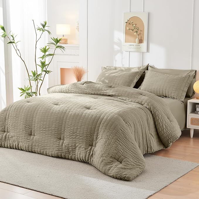 HYMOKEGE Linen Full Size Comforter Sets Seersucker 7 Pieces, All Season Luxury Bed in a Bag for Bedroom, Bedding Set with Comforter, Sheets, Pillowcases & Shams
