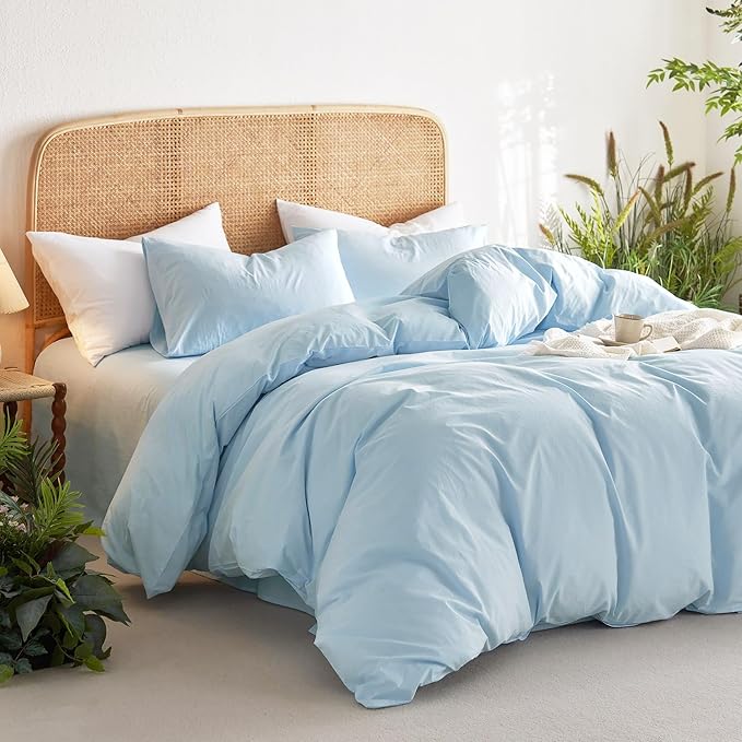 Wake In Cloud - Cotton Duvet Cover Set, 100% Washed Cotton, Linen Like Textured, Breathable Durable Comfy Farmhouse Neutral Bedding Set, 3 Pieces, Sky Blue, Twin/Twin XL Size