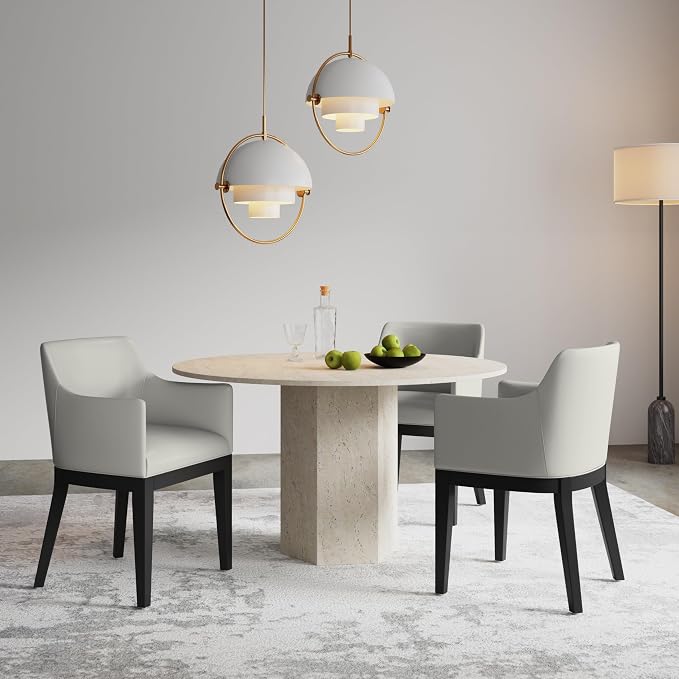 Manhattan Comfort Gansevoort Modern Faux Leather Dining Chair with Arms, Leatherette Upholstery on Solid Beech Wood Frame, Accent Furniture for Kitchen Table or Office, Set of 1, Stone Grey