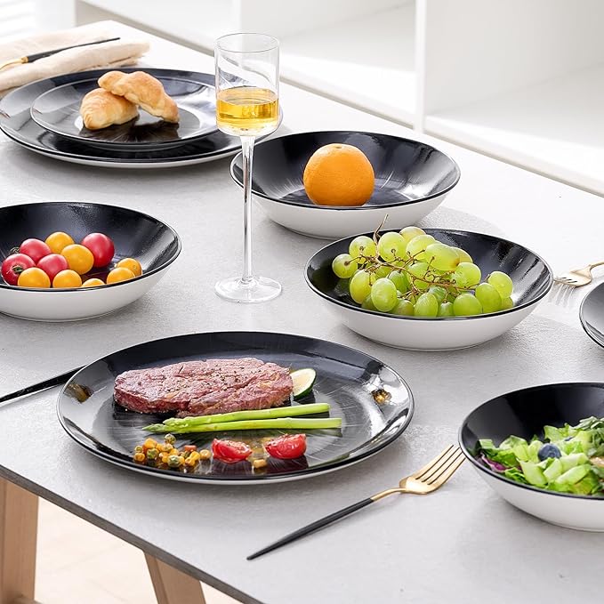 Bestone 12 Piece Round Kitchen Dinnerware Sets,Plates and Bowls sets,Dishes, Plates, Bowls, Dish Set，Plates and Bowls,Service for 4, Chip Resistant Porcelain ，Starburst Turquoise Black