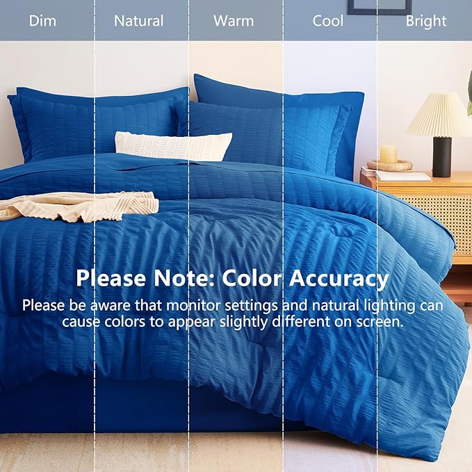 CozyLux Queen Comforter Set Classic Blue, 7 Pieces Seersucker Textured Luxury Bed in a Bag Queen, All Seasons Soft Bedding Sets with Down Alternative Comforter, Sheets, Pillowcases & Shams, Home Gift