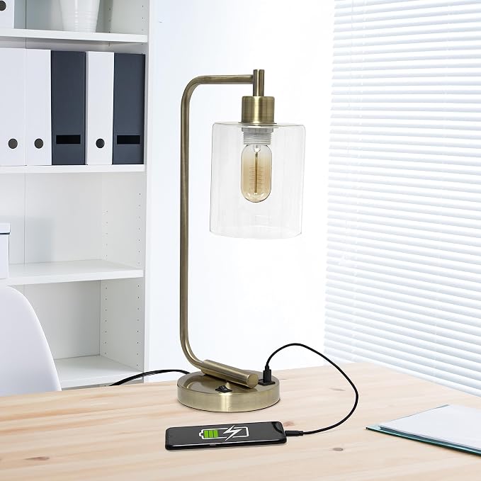 Simple Designs LD1066-ABS-LB Industrial Vintage Bronson Iron Lantern Desk Table Lamp with USB Port and Glass Cylinder Shade for Office, Living Room, Bedroom, Antique Brass, With Feit LED Bulb Included