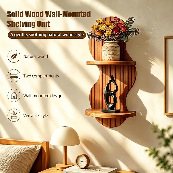 2-Tier Boho Arch Wall Shelf, 17x7.9in Mid Century Modern Wood Floating Shelves, Rustic Brown Hanging Shelf for Living Room Bedroom Office Decor Plant Display