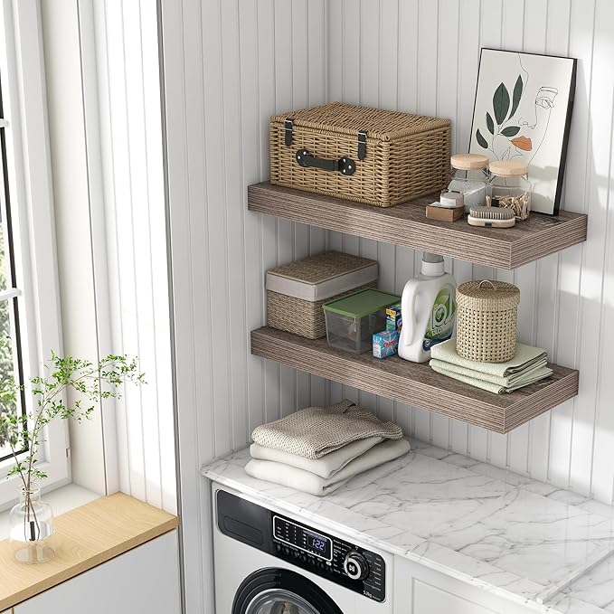 30 Inch Floating Shelves | 12 Inch Deep Grey Floating Shelves Set of 2 | 30" W x 12" D Rustic Wood Shelves for Wall | Deep Grey Shelves for Living Room Bathroom Laundry Room Kitchen