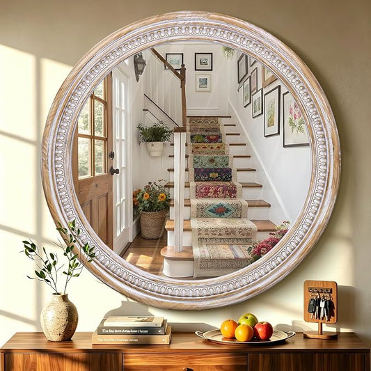 HOITUZYUS 36 Inch Rustic Farmhouse Round Mirror for Wall Decor, Boho Wooden Circle Decorative Mirrors for Bathroom Over Sink, Living Room, Entryway, Bedroom, Hallway