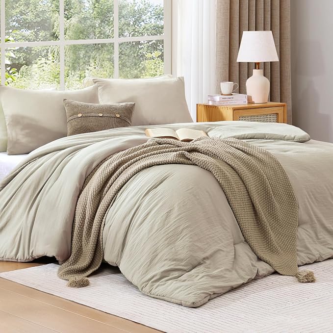 WRENSONGE Queen Comforter Set - 3 Pieces Prewashed Light Oatmeal Comforter Soft Lightweight for All Seasons,Down Alternative Comforters Queen Size with 2 Pillow Shams