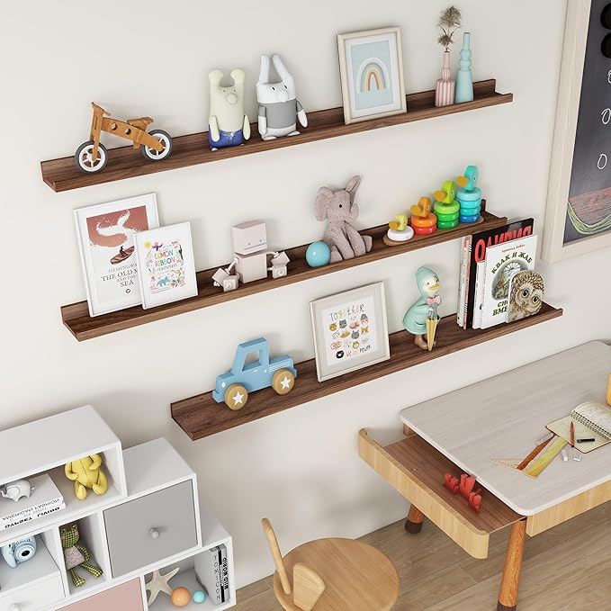 Axeman Picture Ledge Shelf | 55 Inch Walnut Floating Shelves Set of 3 | Rustic Wood Wall Shelves with Lip | 55" Walnut Picture Shelf for Wall with Ledge | Photo Shelves