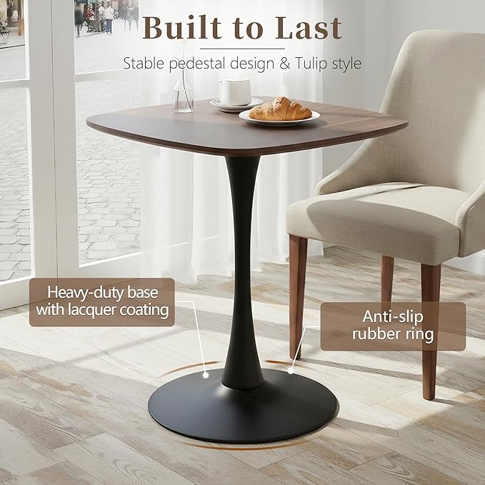 Small Square Dining Table,24" Tulip Table with Metal Pedestal,15-Minute Quick Assembly,Mid Century Modern Leisure Table for Kitchen Small Places Cafe (Faux Walnut)