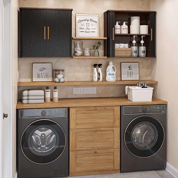 FIMELLO 59" W Laundry Room Cabinets Wall Mounted, Kitchen Wall Cabinet with Sliding Tambour Door, Floating Cabinet for Wall, Upper Cabinets, Hanging Wall Cabinets, Black Walnut