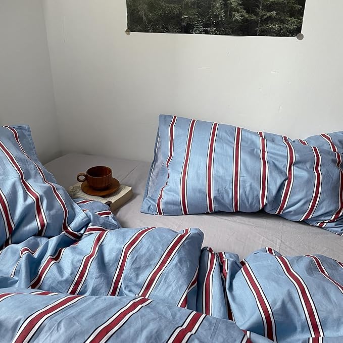mixinni Vintage Striped Blue Duvet Cover King - 100% Cotton Red Stripes 3-Piece Bedding Duvet Cover Set with Zipper Closure, Soft & Breathable Retro Design for All Seasons (King Size)