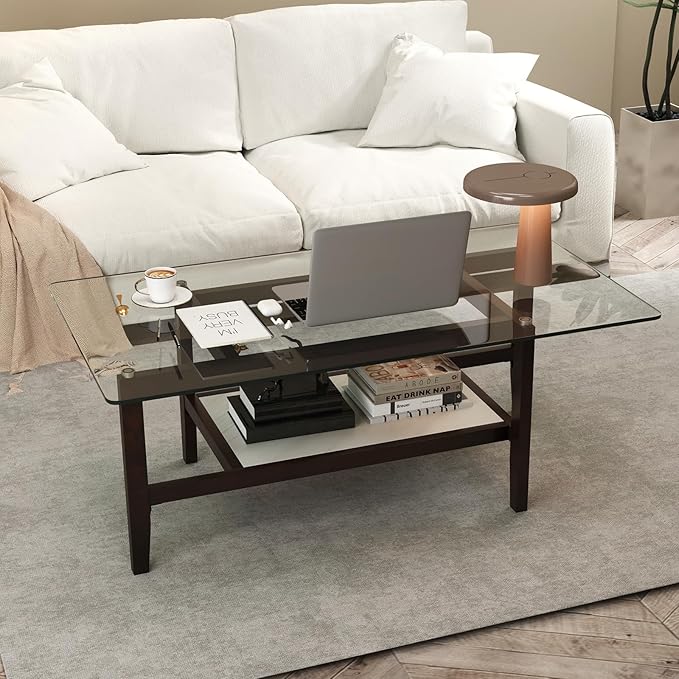 Tangkula Glass Coffee Table, 42” 2-Tier Rectangular Center Table with Storage Shelf & Solid Rubber Wood Legs, Modern Cocktail Table for Living Room, Home Office (Brown, 42" x 23.5")