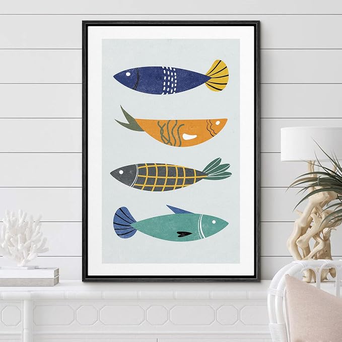 Woodrose Framed Canvas Print Wall Art Retro Pattern Vintage Fish Variety Animals Shapes Illustrations Modern Minimalist Chic Relax/Calm Multicolor for Living Room, Bedroom, Office - 24"x36" Black