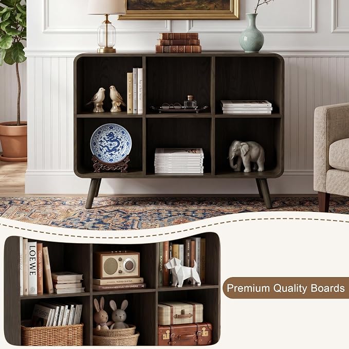 YOSHOOT 6 Cube Bookshelf - 35.4" Wood Cube Bookcase with Legs, Open Cubby Bookshelves with Curved Profile Design for Bedroom, Living Room,Home Office, Walnut