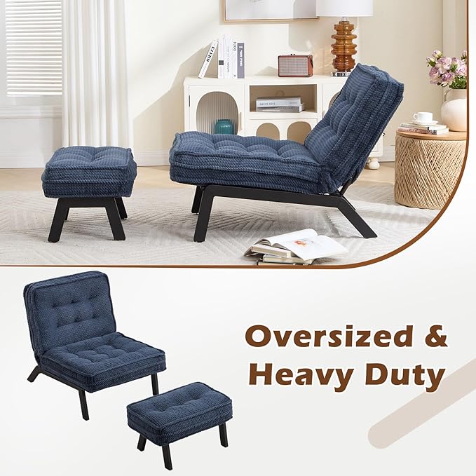 ANJ Accent Chair with Ottoman Adjustable Backrest, Blue Living Room Chair Tufted Upholstered Lounge Chair with Footrest Set, Modern Chair Cozy Reclining Chair for Reading Room Bedroom