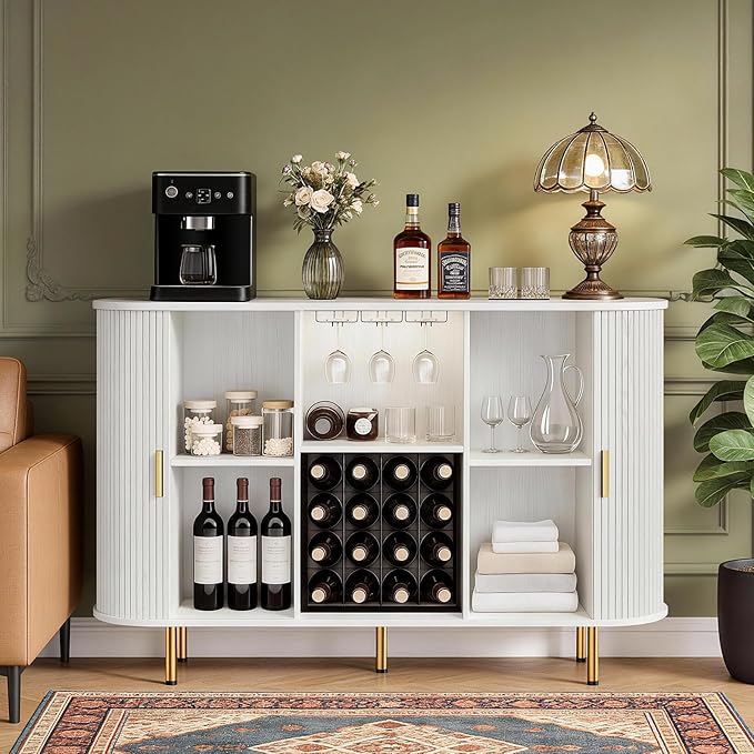 DHH 55" Wine Bar Cabinet with Storage, Fluted Liquor & Coffee Bar Cabinet with Wine Rack and Glass Holder, Buffet Sideboard with LED Lights for Home Kitchen Living Dining Room(White)