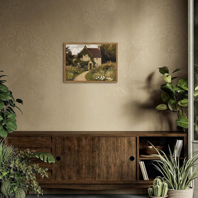 Vintage Cottage Core Wall Art, Farmhouse Landscape Wall Decor Painting Country House Artwork 3D Textured Hand Drawn Sandstone for Bedroom Living Room 16x24 inch Wood Framed