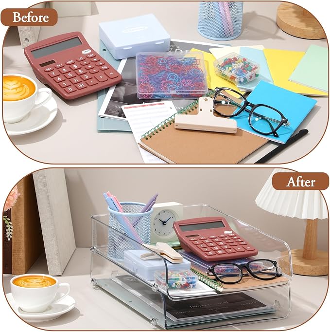 2 Pack Paper Organizer Letter Tray Plastic Stackable Desk File Organizer 12.99 x 10.43 x 2.95 Inch Clear Paper Holder File Tray for Desk Accessories Office Organization and Storage