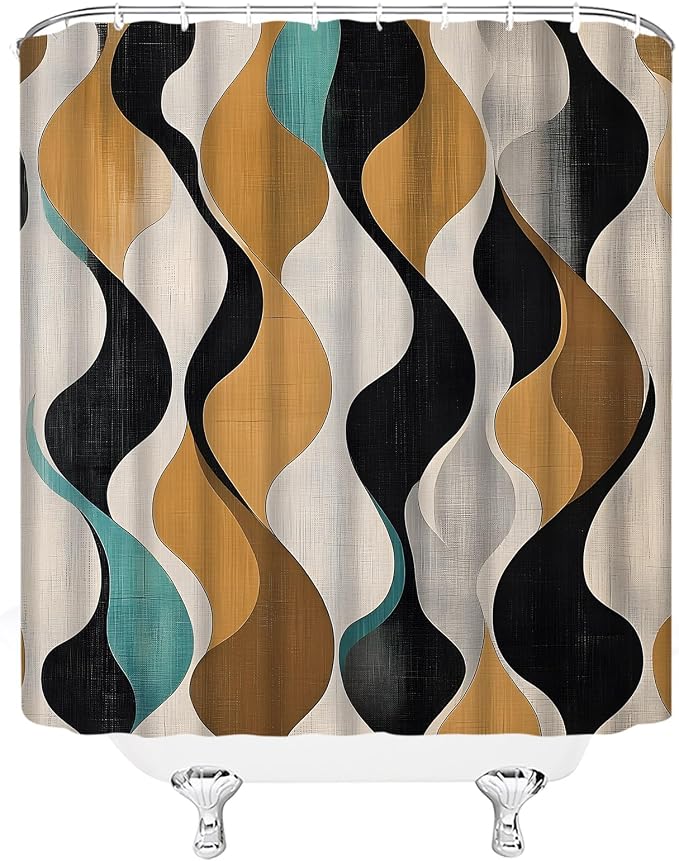 Mid Century Shower Curtain Boho Minimalist Modern Abstract Aesthetic Geometric Striped Atomic Retro Earthy Fabric Bathroom Decor Set with Hooks(70" Wx74.8 H)