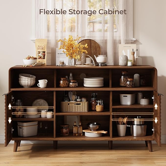 58 Inch Buffet Cabinet with Storage, Curved Buffet Sideboard w/2 Doors, Open Storage Shelf, Adjustable Shelves, Wooden Coffee Bar Cabinet for Kitchen, Living Room, Walnut