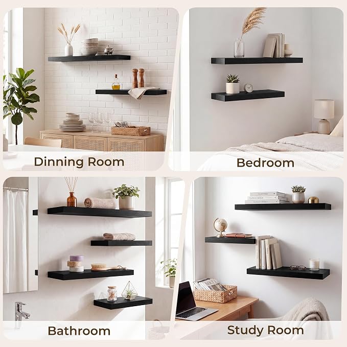 RICHFOCUS 8 Inch Floating Shelves for Wall Small Square Shelves Set for Bedroom|Kitchen|Bathroom|Laundry Room Rustic Wood Wall Mounted Shelf with Invisible Brackets for Books|Storage|Decor, Black
