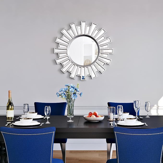 Round Mirrors for Wall Decor, 24" Sliver Sunburst Mirror,Starburst Mirror for Living Room,Hallway,Bedroom Fireplace